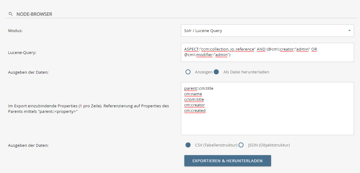 Oberfläche für Datenexport